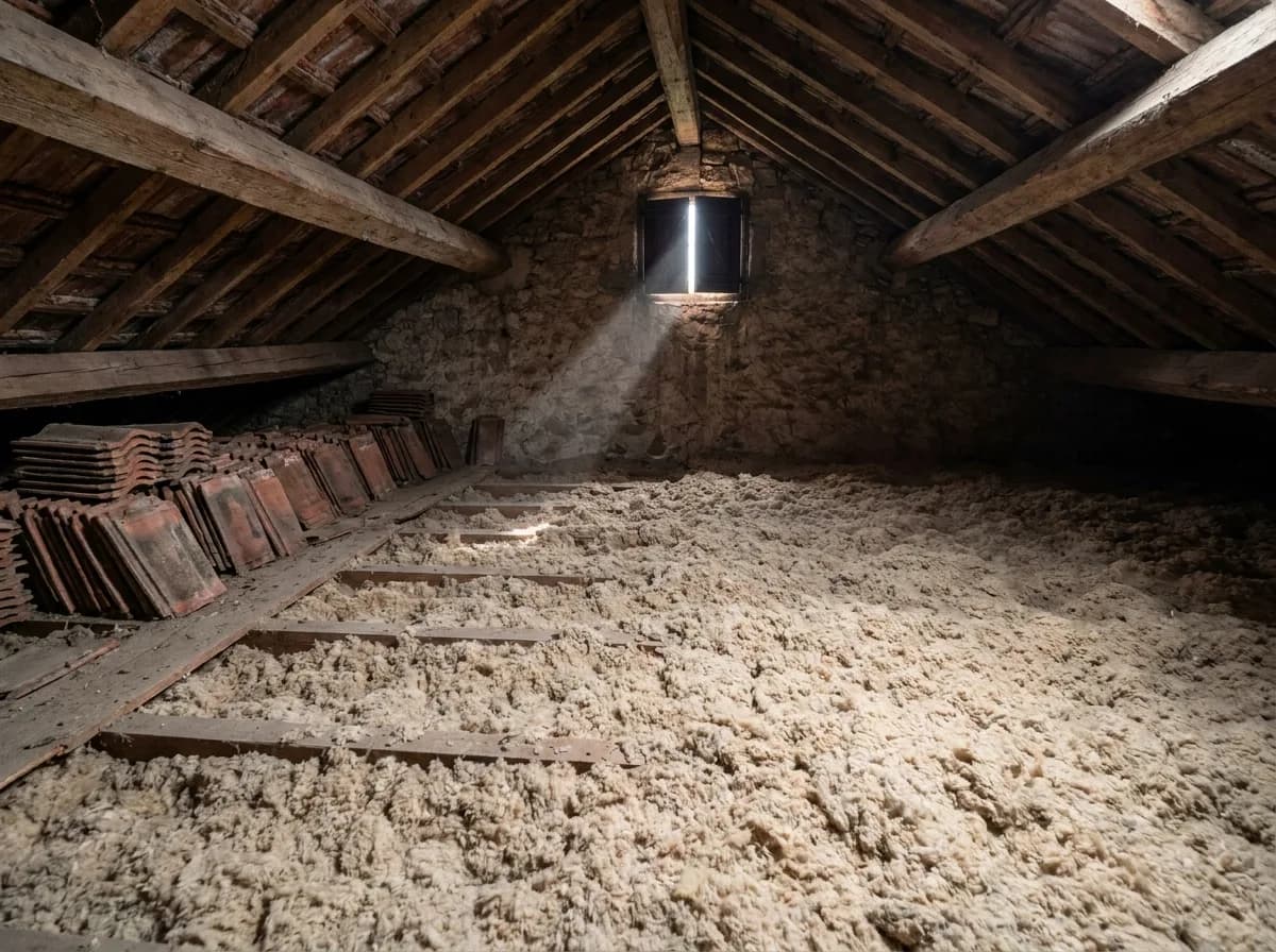 Buhardilla de una casa de piedra con el forjado cubierto por una capa uniforme de lana mineral insuflada.