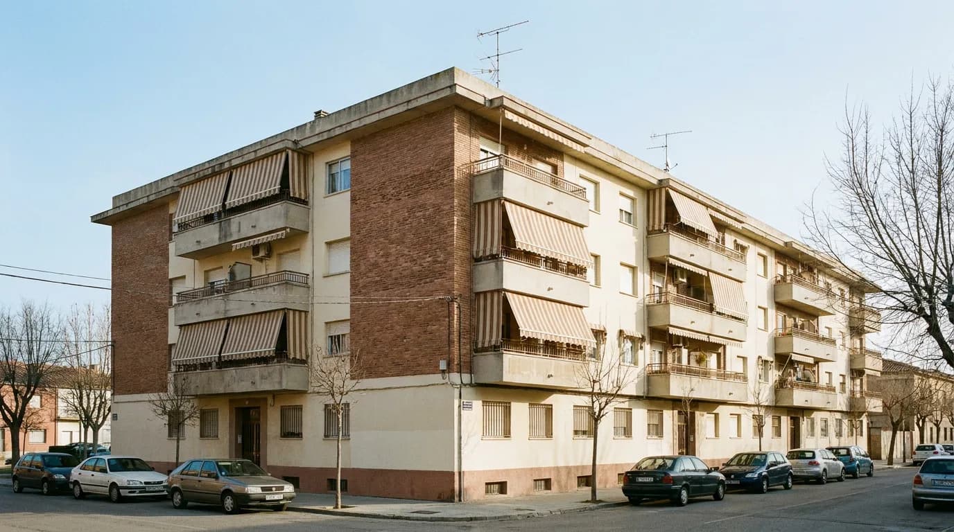 Edificio residencial español de cuatro plantas con fachada de ladrillo, visto desde la calle