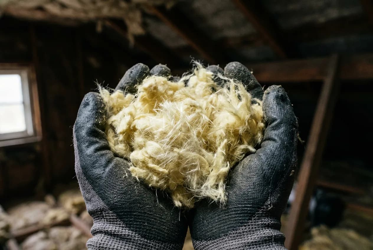 Primer plano de nódulos de lana mineral sostenidos en unas manos enguantadas.