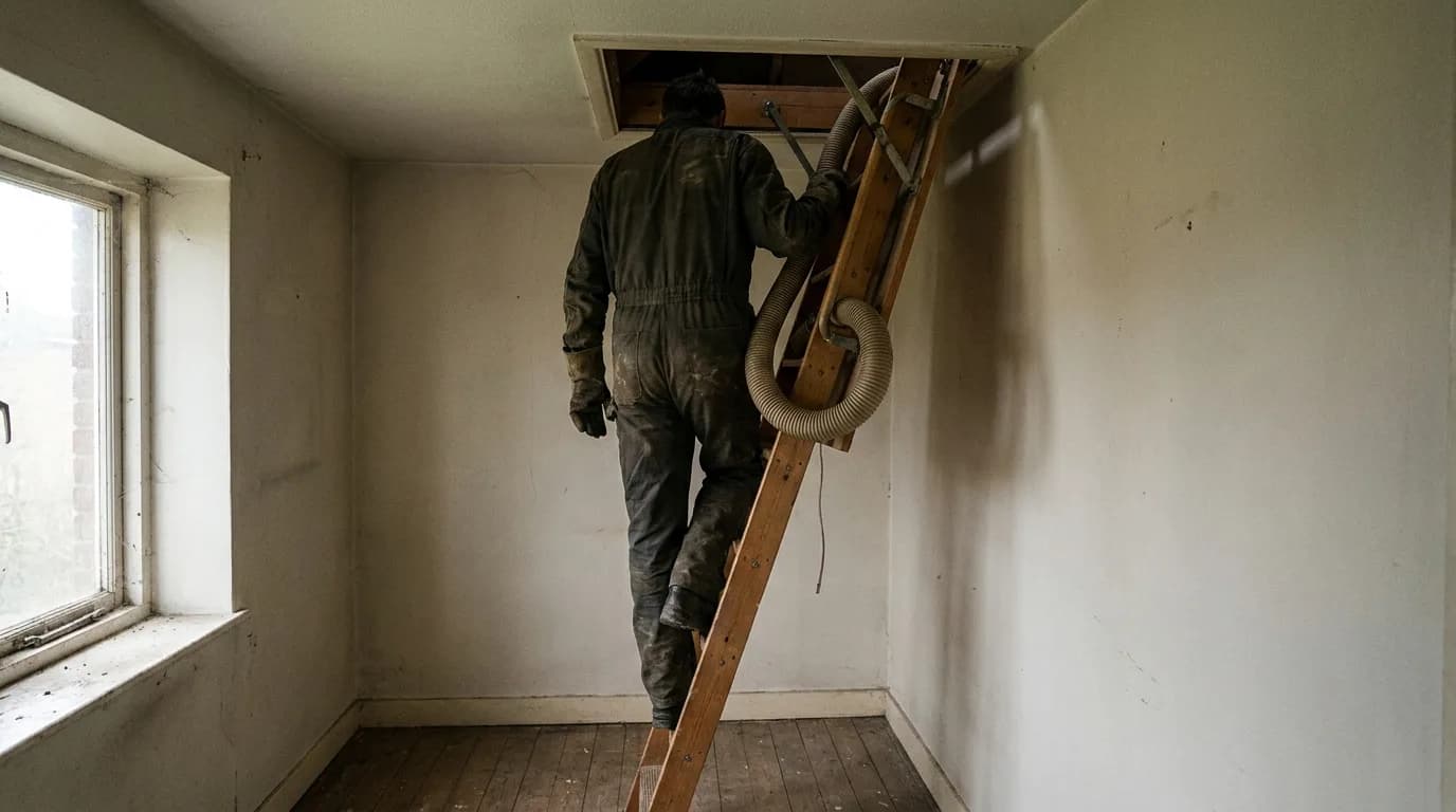 Técnico subiendo por una escalera escamoteable hacia la trampilla del desván, con la manguera al lado.
