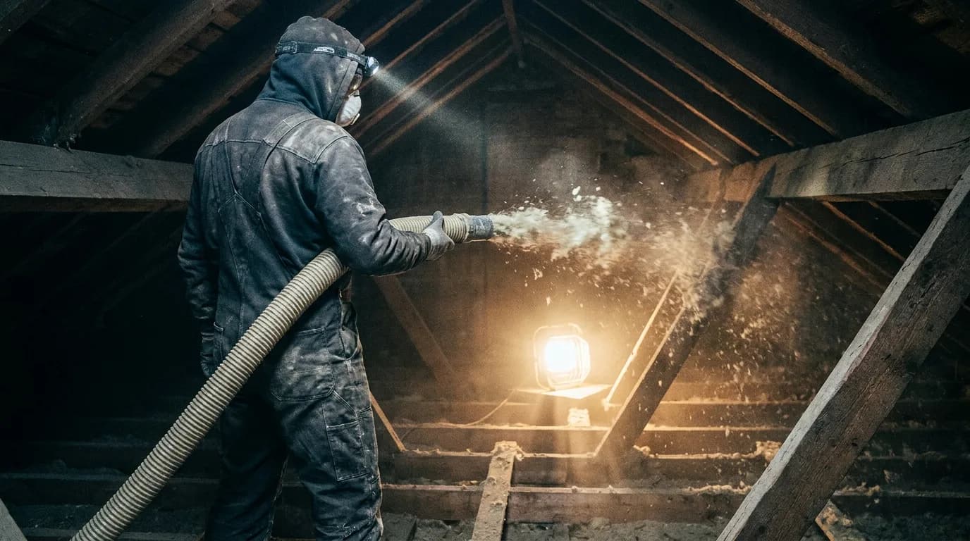 Técnico de espaldas insuflando lana mineral entre las viguetas de un desván, a contraluz de una lámpara de obra.