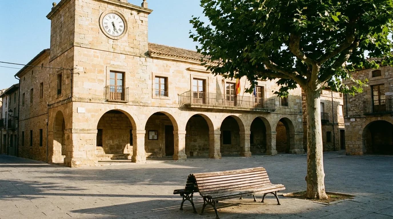 Casa consistorial de piedra de un pueblo español, con la plaza delante y la bandera en la fachada